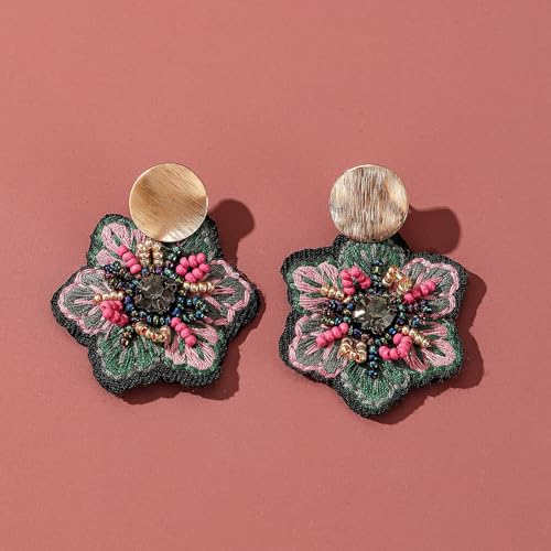 Boho Floral Embroidered Earrings with Colorful Bead Accents and Crystal Center for Women - color: Green
