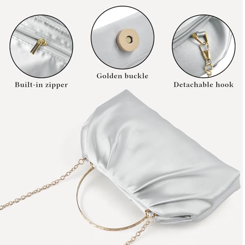 ERKOON Clutch Purse for Women Elegant Pleated Evening Bag Crossbody Shoulder Handbag Envelope Bag with 2 Detachable Chain - color: Silver