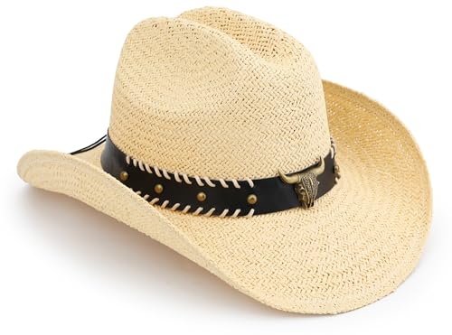 Straw Cowboy Hat, Western Cowgirl Hat, Wide Brim Sun Beach Hat for Men and Women - color: Beige-m21