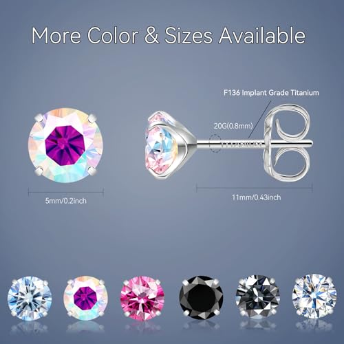 Moissanite Stud Earrings, G23 Hypoallergenic Titanium Stud Earrings for Women Men, Round Cut D Color VVS1 Clarity 18K White Gold Palted Multicolor Moissanite Jewelry, 0.6CT-3.0CT - color: Aurora Borealis, size: (0.5ct*2)-5mm-1.0 Carat