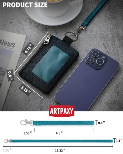 Artpaxy Minimalist Wallet For Mens Womens, Keychain RFID Blocking Zipper Small Wallet with ID Window 2 Lanyards,Water Resistant Travel Cash Card Coin Case Boys Girls - color: Dark grey+Blue green, style: Casual