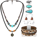 Ecally Bohemian Western Jewelry Turquoise Set Women Country Pendant Long Choker Layered Bracelets Earrings Ring for Women - color: Turquoise, style: Artistic