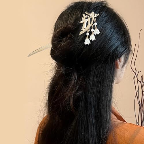10 Pack Retro Gold Metal Long Hair Sticks Pins with Pearl Jade Dangles Tassels Pendants Chinese Hanfu Asian Flower Butterfly Hair Chopsticks Hair Picks Bun Forks Holders Hairpins