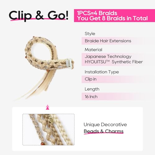 REECHO Clip in Braid Hair Extensions for Women, 16" Boho Dreadlock Clip in Braids with Beads & Charms, 2PCS Synthetic Braided Hairpieces for Cosplay Daily, Medium Blonde with Light Blonde - color: Medium Blonde with Light Blonde, size: 16 Inch