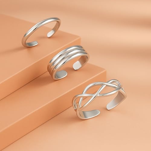 LeCalla 925 Sterling Silver Open Toe Rings Set for Women Adjustable Minimalist Toe Rings Summer Beach Foot Jewelry - color: 02. Trio (3 PCS)