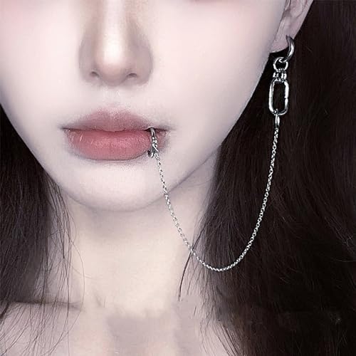 Lip Ring Chain To Ear Hoop Nose Ring Gothic Clip On Non Piercing Lip Helix Cartilage Clip On Wrap Earrings Fake Lip Rings Body Jewelry for Women - color: Clip On