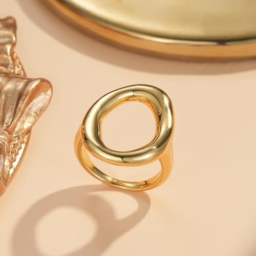 YeGieonr Gold Rings for Women Non Tarnish - 18K Gold Plated Stainless Steel Chunky Oval Statement Ring, Dainty Thick Waterproof Stackable Ring - color: O Shape, size: 9