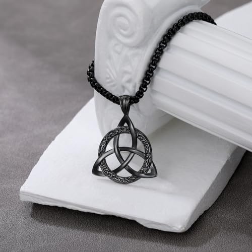 Celtic Necklace for men Sterling Silver Celtic Knot Triquetra Triangle Trinity Necklace Gift for Men - color: A-Black