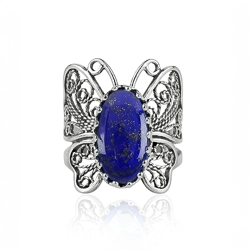 Filigranist Sterling Silver Filigree Art Butterfly Women Cocktail Ring with Gemstones - color: Lapis Lazuli
