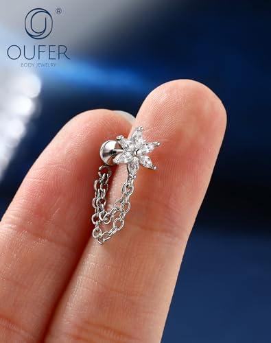 OUFER 16G Chain Cartilage Piercing Jewelry-316L Surgical Steel Gold Flat Back Push Pin Helix Earring, Star Clear CZ Double Chain Lobe Piercing Jewelry - style: Flower-Silver