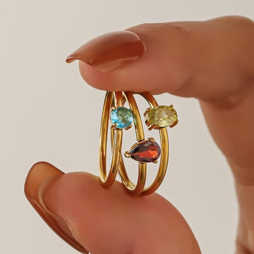 14K Gold Plated Stackable Rings for Women Non Tarnish - Dainty Cubic Zirconia Engagement Ring Set Colorful Birthstone Statement Promise Stacking Rings Size 6-9 - color: MIX COLOR