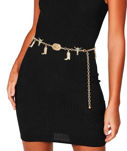 XZQTIVE Women Boho Chain Belts For Dresses Jeans Western Cowgirl Waist Links Belt Adjustable Metal Concho Belt - size: Fit Waist upto 36inches, style: Bull Buckle Gold