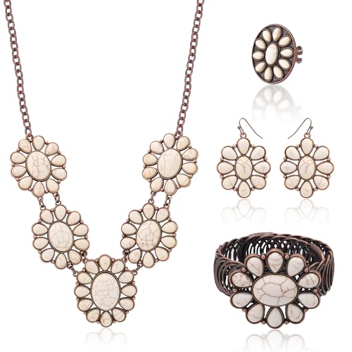 4 PCS Western Turquoise Jewelry for Women Boho Vintage Navajo Pearl Necklace Earring Bracelet Ring Set Country Cowgirl Accessories for Gift - color: K-White