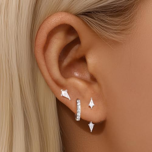 GEORGE · SMITH Stackable Kite Stud Earrings Set for Women, Gold & Silver Huggie Birthstone Jewelry with Emerald Green & Blue Sapphire, Trendy Earrings for Women 2025 - color: silver kite stud