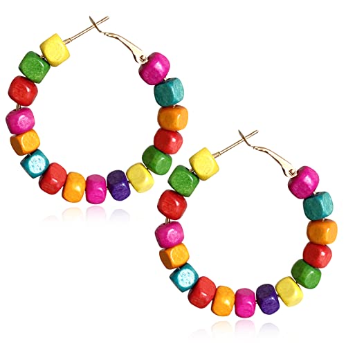 Handmade Nature Wooden Beaded Hoop Earrings Bohemian Minimalist Colorful Circle Round Wood Bead Earrings Vintage Chic Wooden Ethnic Dangle Drop Earrings for Women Statement Jewelry Gifts - color: Color Small Round 3