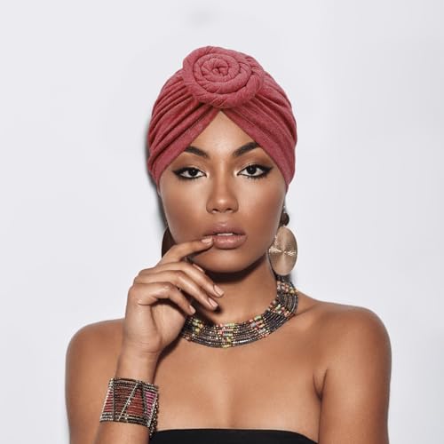 DRESHOW 5 Pack Knotted Headwraps for Women African Turban Pre-Knotted Beanie Headwraps Hair Covers - color: 5 Pack Donuts: Beige/Light Pink/Fuchsia/Brown/Light Purple