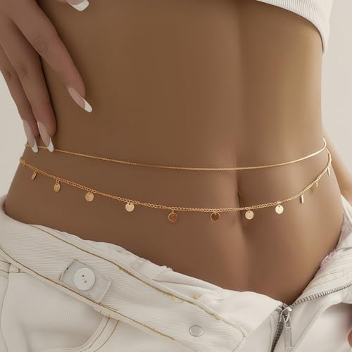 14K Gold Plated Waist Chain for Women, 2Pcs Adjustable Pearl Beads Body Chain, Sexy Layered Summer Beach Bikini Belly Jewelry Accessories - style: Chain&Sequins
