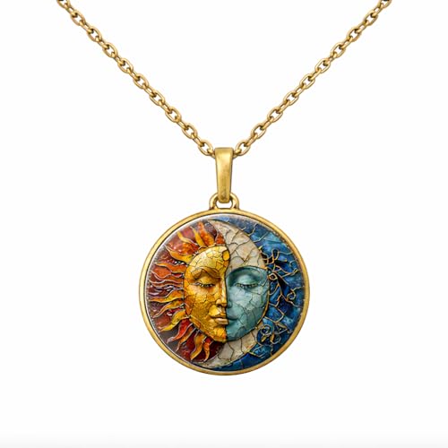 1pc Stunning Round Pendant Necklace - Unique Sun & Moon Pattern, Oil Painting Style Glass Mosaic, Alloy Construction, Trendy Sweater Chain, Fashionable Gift for Women - Christmas or Birthday Gift - color: Bronze Chain