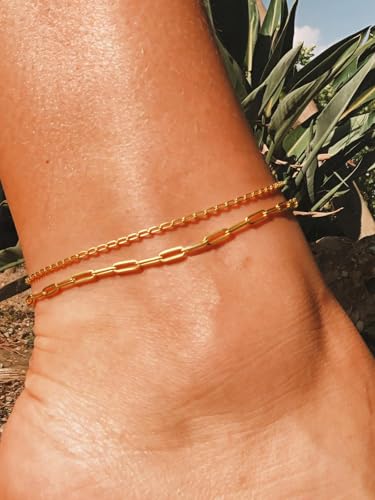 ChainsHouse Ankle Bracelets for Women, Stainless Steel Chain Anklets Waterproof, Women Summer Beach Jewelry Gift, Come with Box - color: 02. 2Pcs-(2+3mm)-Paperclip-14K Gold