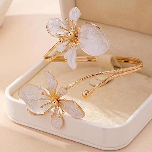 Flower Arm Cuff Bracelets for Women Adjustable Gold Upper ArmBand Jewelry Boho Floral Open Wrap Statement Bangle Bracelet Arm Cuff Jewelry Gifts for Women - color: White