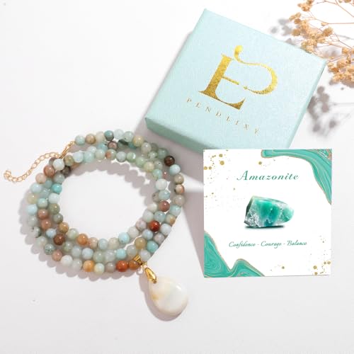 Healing Crystal Necklaces for Women Trendy Natural Stone Beaded Long Pendant Necklaces for Womens Handmade Bohemian Fashion Necklace Jewelry Gift - color: Amazonite