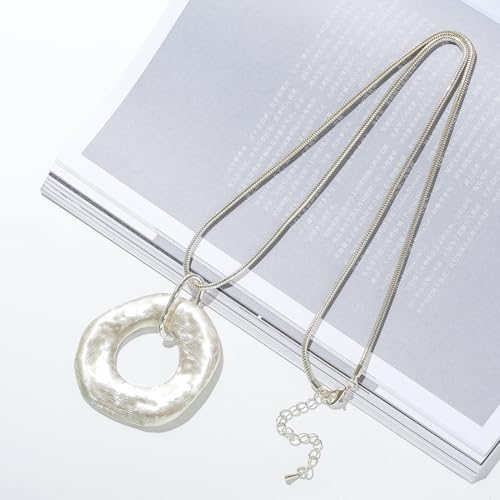 Large Water-Drop Oval Pendant Long Necklace, Long Sweater Chain Y-Necklace for Women (Silver)