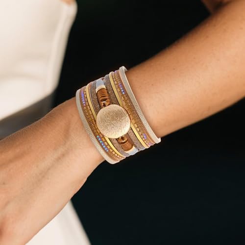 Long tiantian Leather Wrap Bracelets Boho Bracelets for Women Rhinestone Leather Bangles Boho Western Outfit Accessories Jewelry Gifts - color: Boho Stone Charm Bracelets(brown)