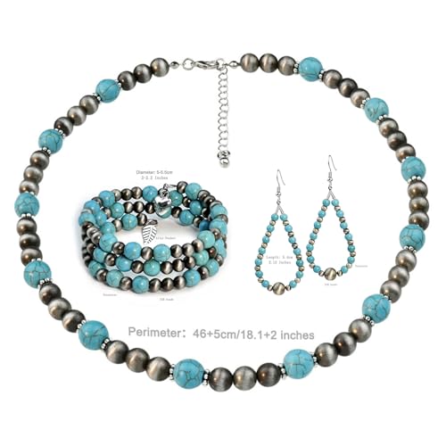 4 PCS Western Turquoise Jewelry for Women Boho Vintage Navajo Pearl Necklace Earring Bracelet Ring Set Country Cowgirl Accessories for Gift - color: E-Blue（No Ring）