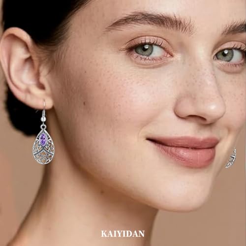 Silver Dangle Earrings For Women Trendy,Boho Cute Drop Western Earings,Vintage Gothic Ethnic Statement Beach Vacation Long Earrings with Leaf Teardrop Turquoise Crystal Tassels,Fashion Jewelry Birthday Gift. - color: A50) Purple Crystal Engarved Flower Dr