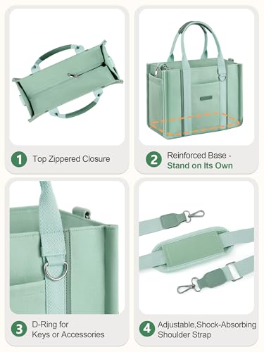 FIORETTO Women’s Canvas Tote Bag Purse with Zipper, Multi Compartment & Reinforced Bottom, Ideal for Work, Bible, Travel - color: Green, size: Medium, style: Built-in Organizer