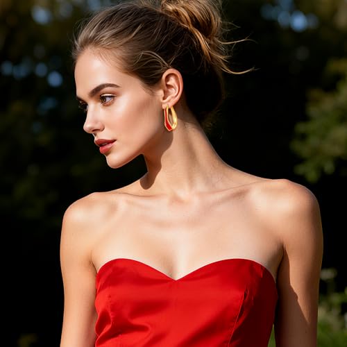 Chunky Hoop Earrings for Women Thick Minimalist Geometric Huggie Hoop Earrings Dainty Thick Y2K Preppy Earrings - style: irregular wave red