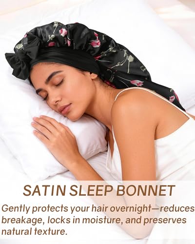 AWAYTR Long Satin Bonnet for Braids - Elastic Silk Hair Bonnets for Sleeping Night Cap Stretchy Tie Band for Women（Flower C） - color: Flower C