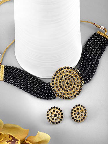 Aheli Pearl Diamond Choker Necklace & Round Earrings Gift for Women Indian Traditional Bollywood Fashion Bharatanatyam jewellery set - color: Black 2