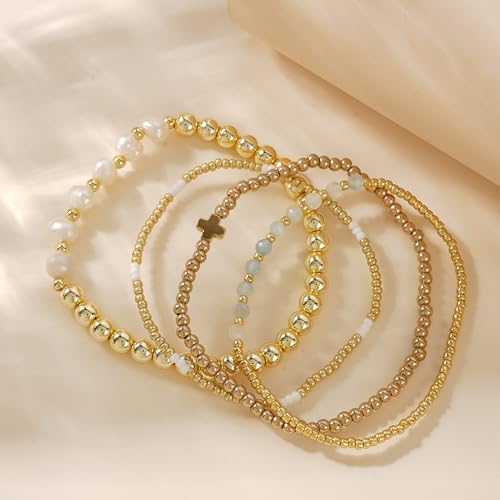4pcs Gold Beaded Pearl Bracelets Set for Women Multi Layer Versatile Stackable Stretch Cuff Sparkly Stone Crystal Gemstone Jewelry Birthday Gifts - color: Amazonite