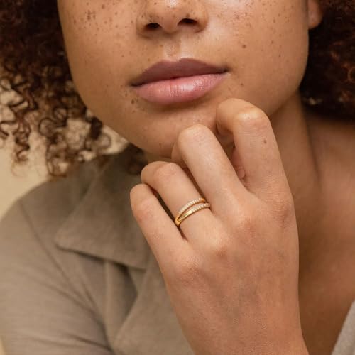 FISSEN JEWELRY Gold Rings for Women, Non Tarnish Dainty 14k Gold Plated Silver CZ Cross Ring Cute Cubic Zirconia Pinky Thumb Stackable Band Silver Finger Rings Size 6-10 Jewelry for Her - color: Gold Diamond Parallel