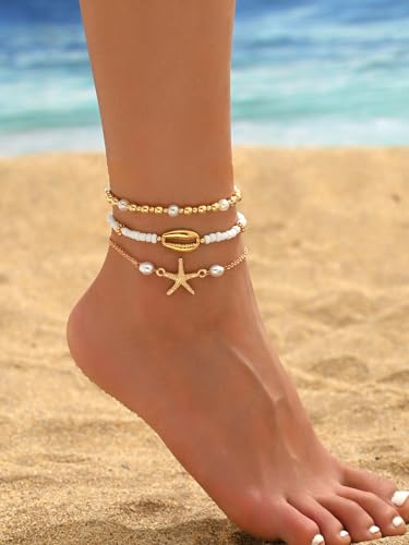 INENIMARTJ Shell Anklet Bracelet for Women Gold and White Beaded Elastic Stack Ankle Bracelet Hawaiian Beach Seashell Starfish Anklet Puka Shell Starfish Foot Jewelry for Women Beach Accessories - style: style B