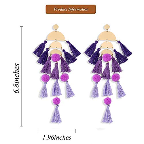 Long Tassel Earrings for Women Colorful Fringe Drop Dangle Earrings Bohemian Hawaiian Summer Beach Jewelry for Womens Vacation Outfits - color: Purple