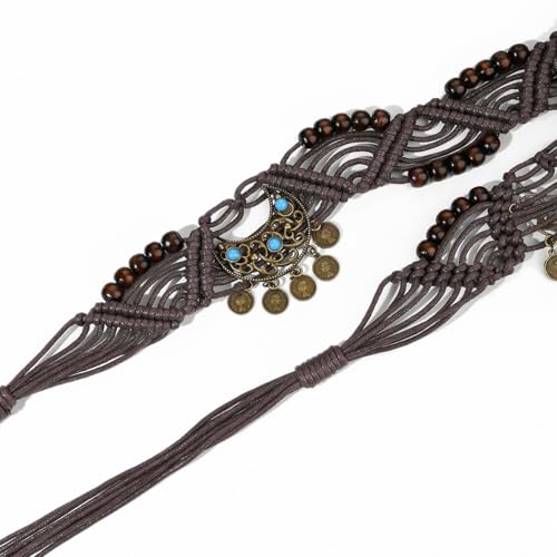 Women Braided Waist Belt Boho Woven Belt with Wooden Beads and Ring Clasp Vintage Long Tassel Rope Tie Belt for Dress - color: Brown 1
