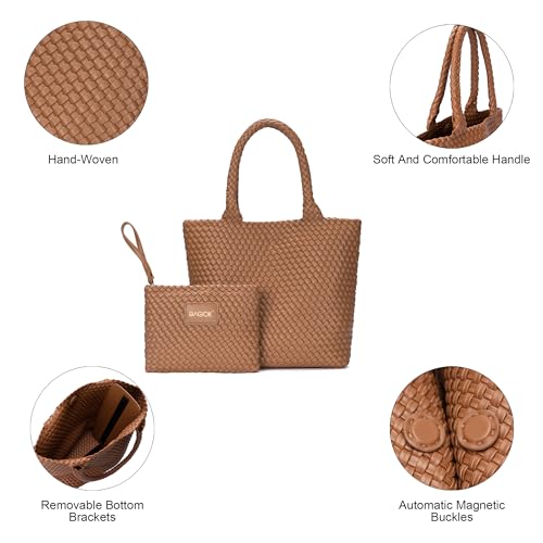 BAGOK Woven Tote Bag for Women, Handwoven Vegan Leather Shoulder Bag with Clutch, Large Tote for Work, Travel & Beach - color: Brown