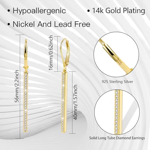 Silver Bar Dangle Drop Earrings for Women, 14K Gold French Style Leverback Dangle Drop Earrings, Hypoallergenic Jewelry - color: CZ 14K Gold