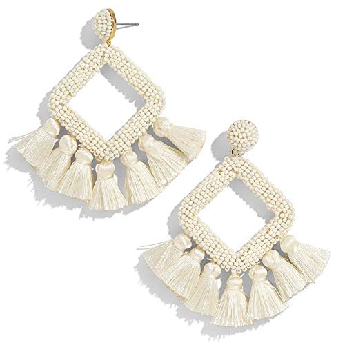 Long Tassel Earrings Statement Bohemian Pom Ball Handmade Drop Dangle Earrings for Women - style: S-beige