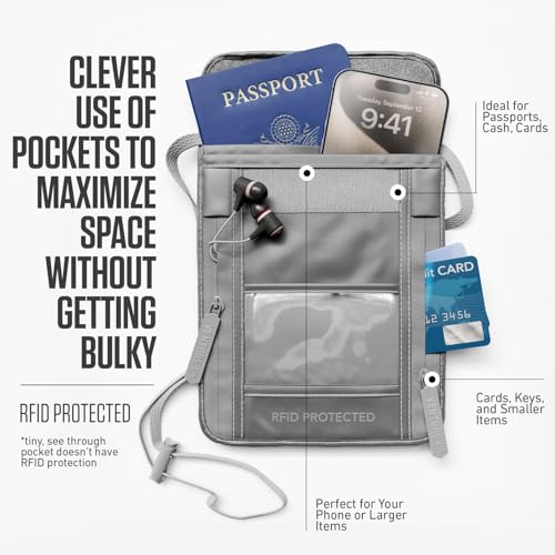 VENTURE 4TH Neck Wallet for Women & Men – RFID Blocking Passport Holder for Travel, Hidden Neck Pouch with 6 Compartments, Slim Lightweight Travel Organizer with Adjustable Strap (Sleek Silver) - color: Sleek Silver