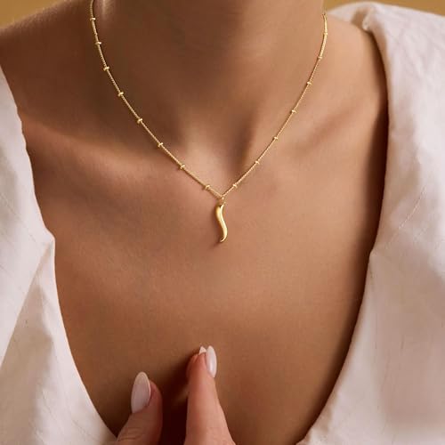 M MOOHAM Gold Necklace for Women Non Tarnish - Dainty 14K Gold Plated Beaded Chain Small Pendant Necklaces Simple Pearl Circle Beads Teardrop Pendant Necklace for Women Trendy Jewelry Gifts - color: Italian Horn Pendant