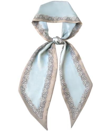 kcctoo 59” Long Silk Like Head Scarf Women's Fashion Square Neck Satin Scarfs for Bag Hair Scarves Gift 59 * 5.9” - color: L1 Lace Edge Haze Blue 59" X 5.9"