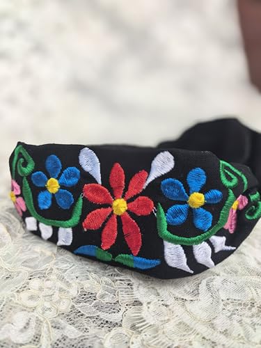 FANFAN Women's Mexican Handmade Embroidered Boho Headband – Elastic Floral Adjustable Hair Band for Weddings, Trendy Headwear for Evening Parties & Daily Wear E9 (Black, One Size) - color: Black