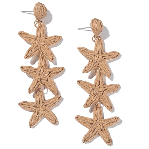 Boho Raffia Earrings Starfish Shell Seashell Dangle Drop Earrings Cute Statemnet Trendy Jewelry Summer Beach Outfits for Women - color: Sand, size: Seastar