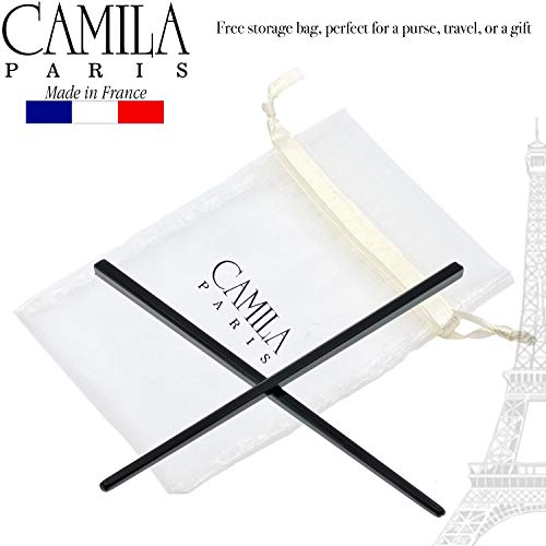 Camila Paris AD27/2 French Twist Stick Hair Pin, Set of 2 Black, Girls Chopsticks Hair Pins for Girls Spiral Updo Chignon Bun Holder, Styling Hair Accessories for Women, Made in France - color: Black