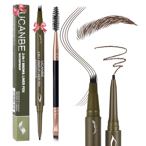 UCANBE Eyebrow Pencils for Women with Spoolie Brush, Dual-Ended Eyebrow Pen with 4-Fork-Tip & Gel Eyeliner, Microblading Brow Pen with Eyeliner Pencil + Brow Brush for Hair Like Brows, Dark Brown - color: Dark Brown with Brow Brush