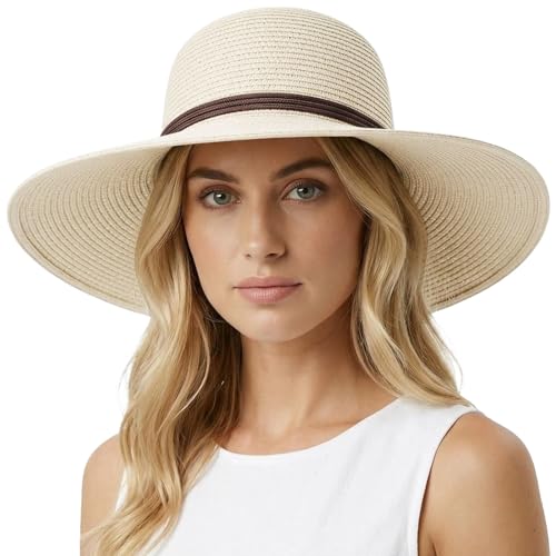 DRESHOW Beach Hats for Women Big Straw Wide Brim Summer Hat Floppy Foldable Roll up Cap Sun Hat UPF 50+ - color: 1 Pack Bowknot Hat: Ivory White, 4.7" Brim