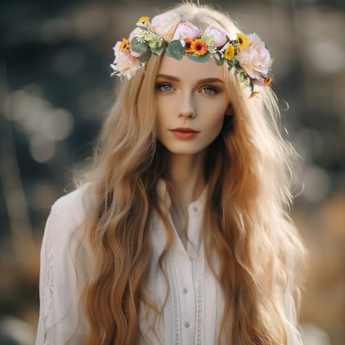Vivivalue Floral Crown Bridal Flower Headband Hair Wreath Floral Headpiece Halo Boho with Ribbon Wedding Party Festival Photos - color: 5